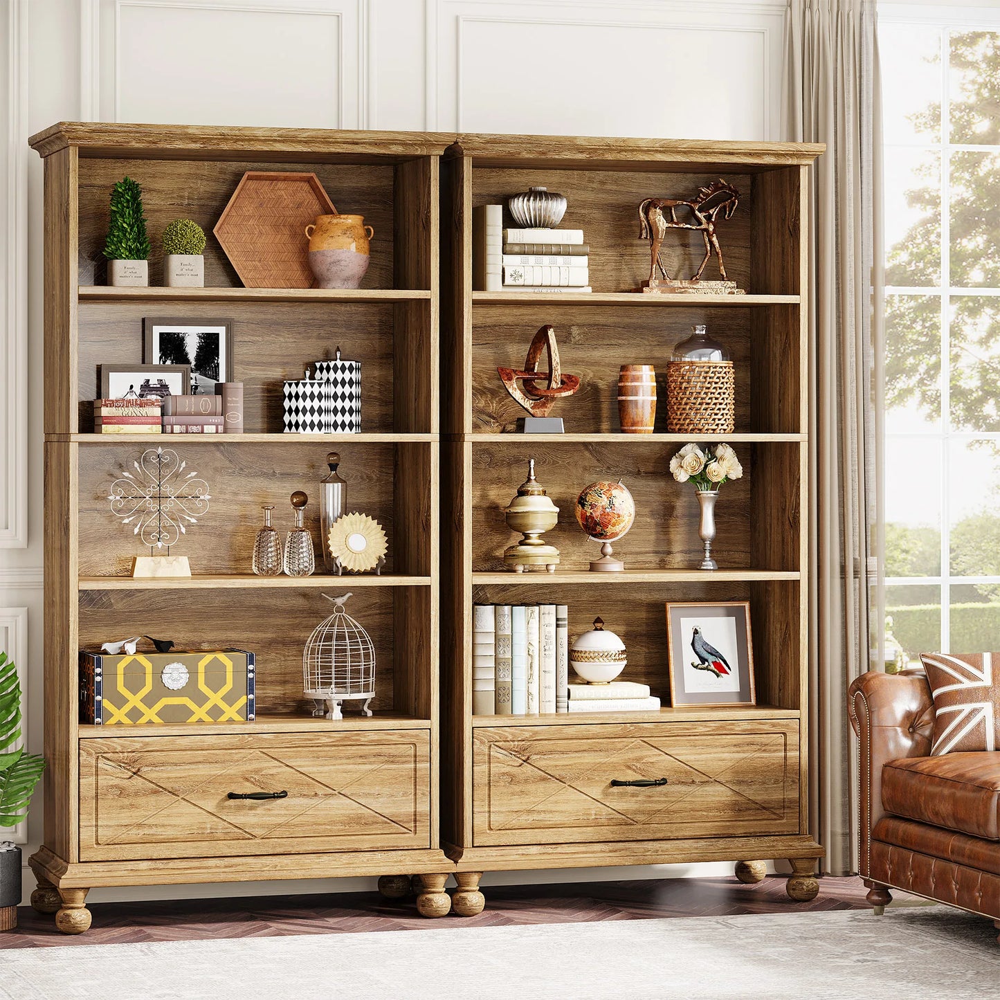 MonoWood 6-Shelf Bookcase with Drawer, 71 Inch Tall Floor Standing Bookshelf with Solid Wood Legs, 6-Tier Large Open Display