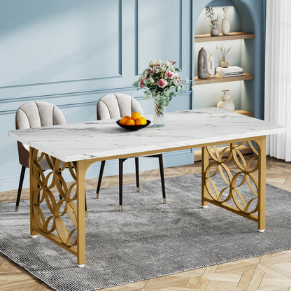 MonoWood Dining Table, 63-inch Modern Marble Dining Room Table for 6 People, Rectangular Kitchen Table with Gold Metal Frame