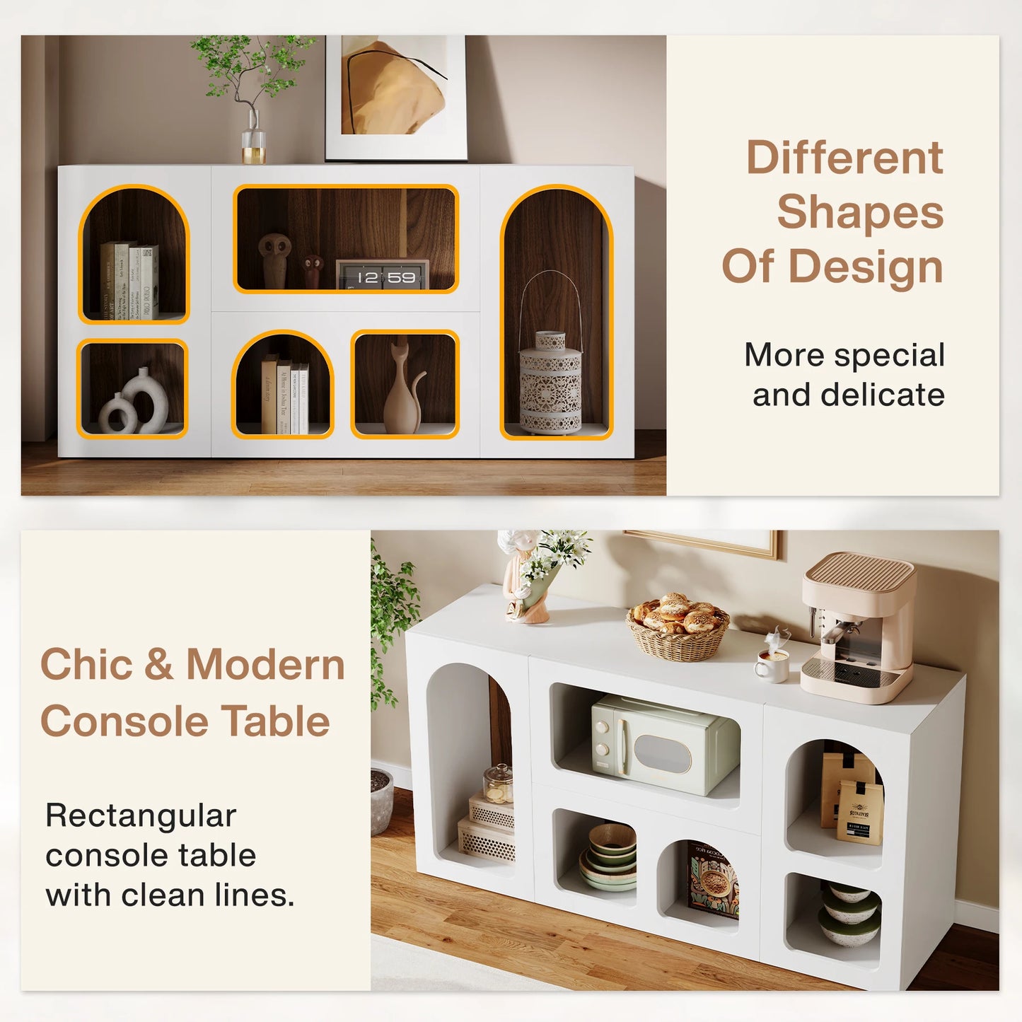 MonoWood 59" White Console Table, Modern Entryway Table, Wooden Storage Organizer Entrance Table with 6 Compartments