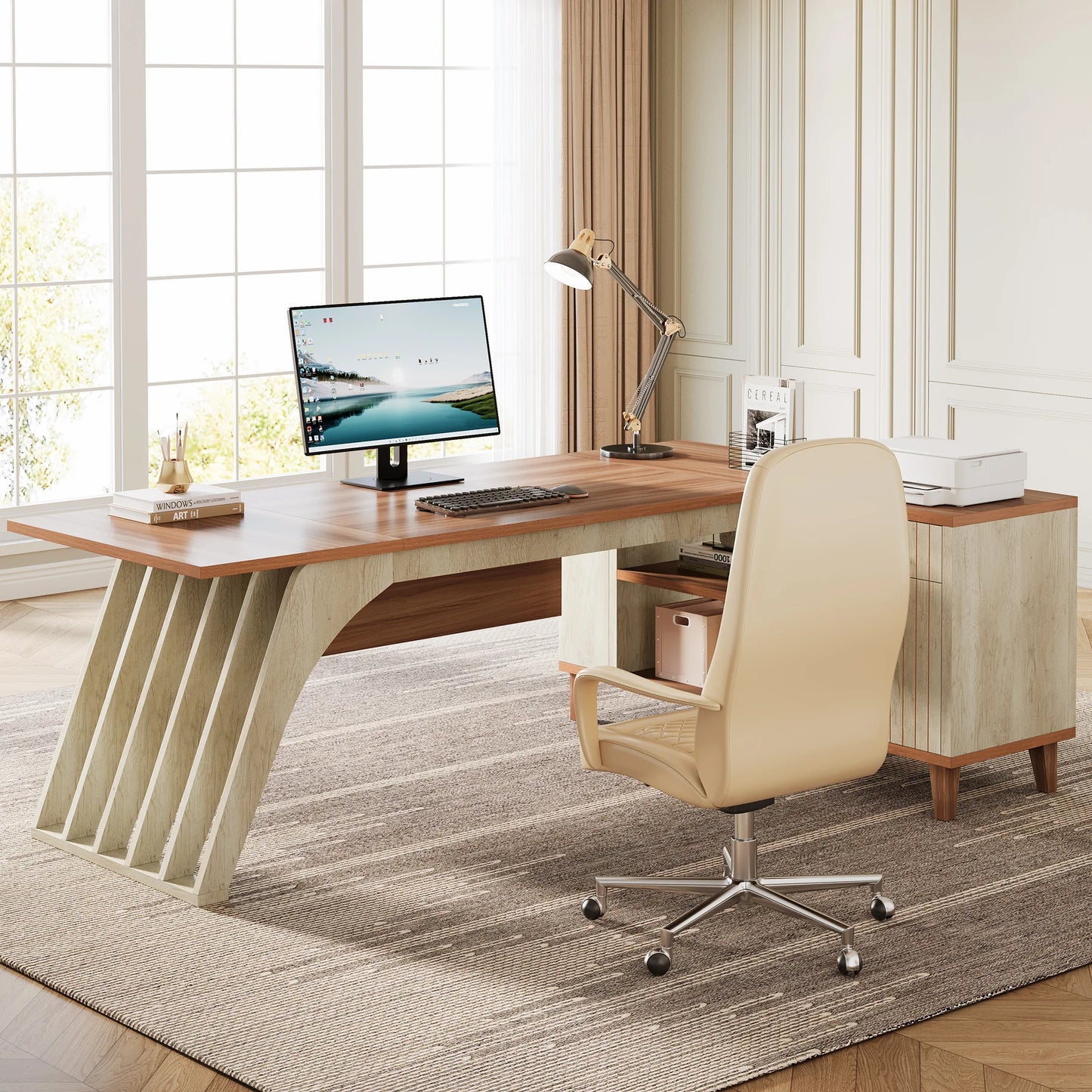 MonoWood 78" Large L-Shaped Executive Desk, Modern Office Desk with Lateral File Cabinet and Drawer, Home Business Desk