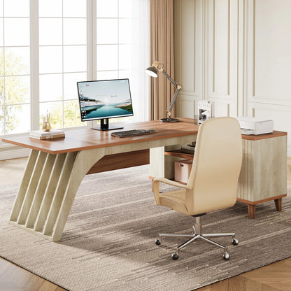 MonoWood 78" Large L-Shaped Executive Desk, Modern Office Desk with Lateral File Cabinet and Drawer, Home Business Desk