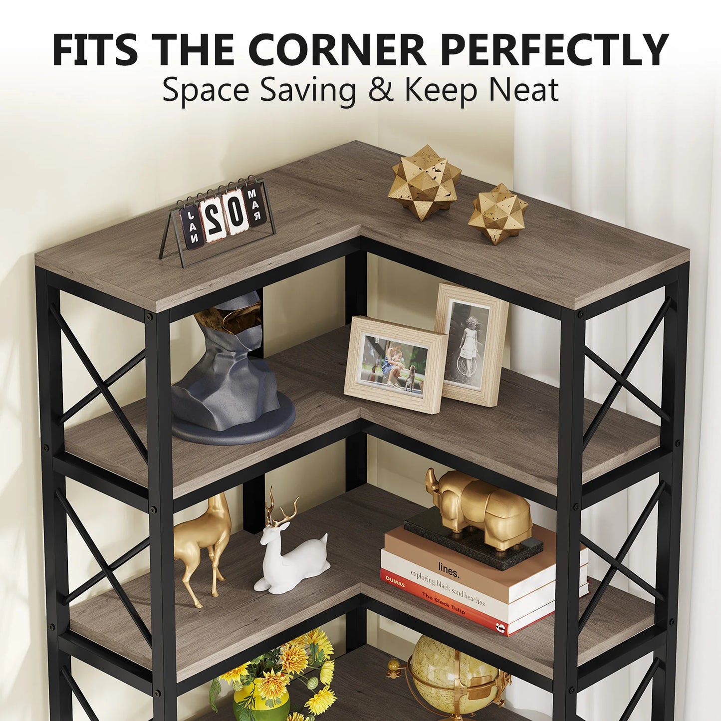 MonoWood 7-Shelf Corner Bookshelf,Large Modern Corner Bookcase, 7-Tier Tall Corner Shelf Storage Display Rack with Metal Frame