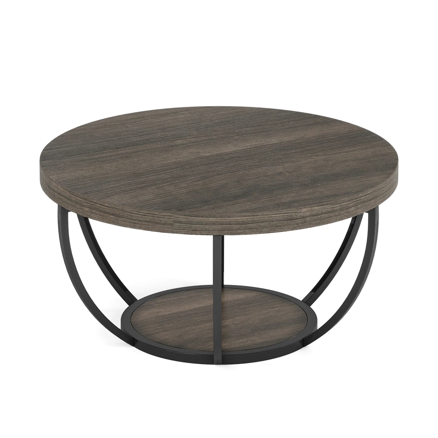 MonoWood 31.7" Round Coffee Table, Industrial 2-Tier Circle Coffee Table with Storage Shelves, Modern Wooden Sofa Side Table