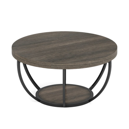 MonoWood 31.7" Round Coffee Table, Industrial 2-Tier Circle Coffee Table with Storage Shelves, Modern Wooden Sofa Side Table