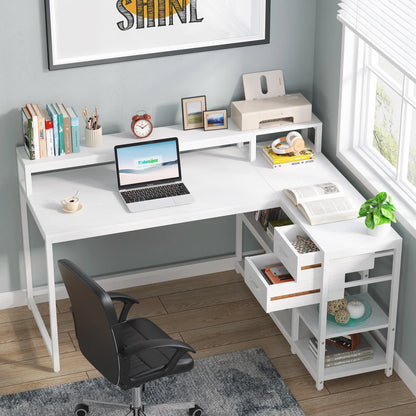 MonoWood Reversible L Shaped Desk with Drawer, Industrial Corner Desk Home Office Table with Shelves and Monitor Stand