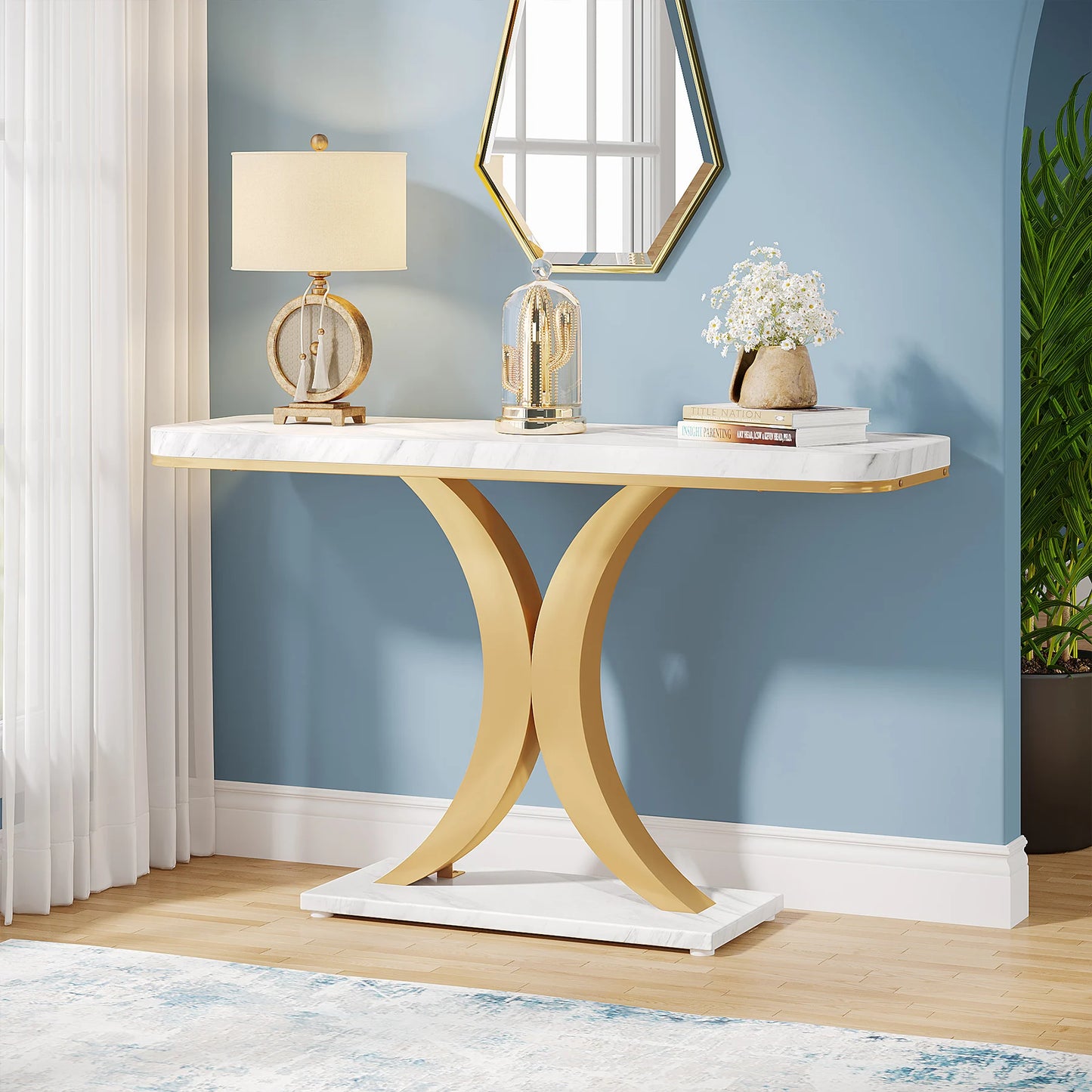MonoWood Modern Gold Console Table, 40 inch Narrow Entryway Foyer Table with Geometric Base, Rustic Hallway Accent Table