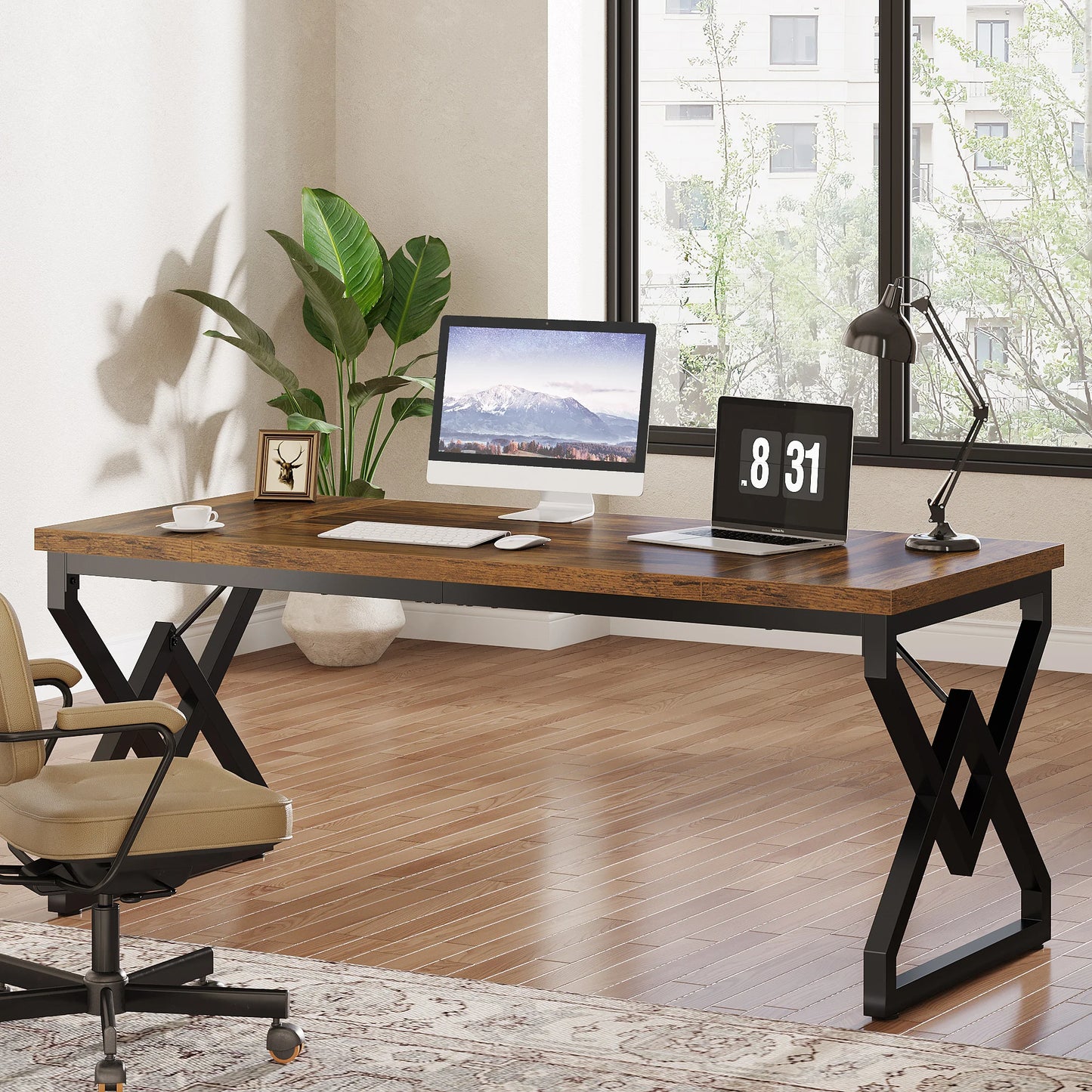 MonoWood 63" Large Industrial Executive Desk with Extra Thickened Tabletop & Metal Frame, Heavy-Duty Home Office Desk