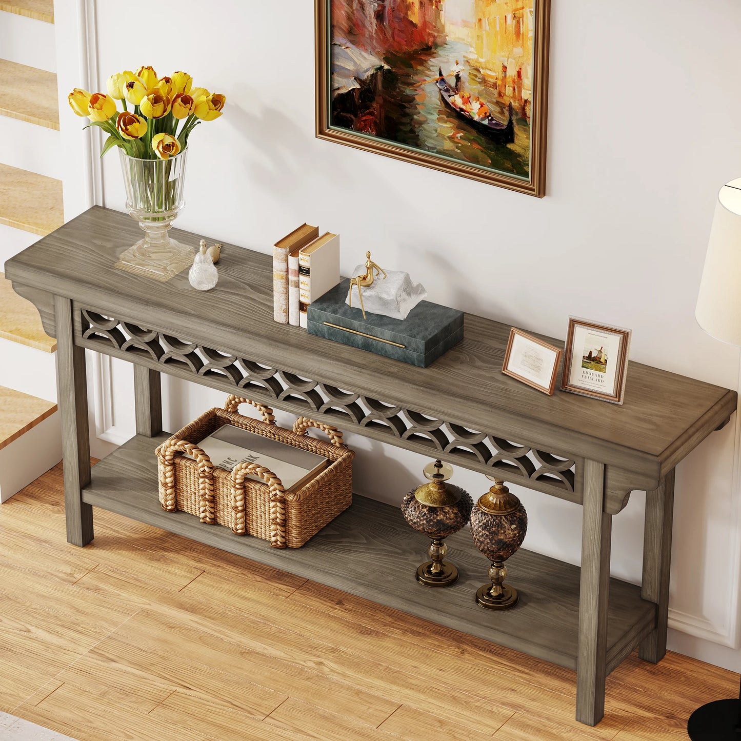 MonoWood 70.8-Inch Solid Wood Long Console Table, Farmhouse Entryway Table with Storage, Narrow Sofa Table Grey Couch Table
