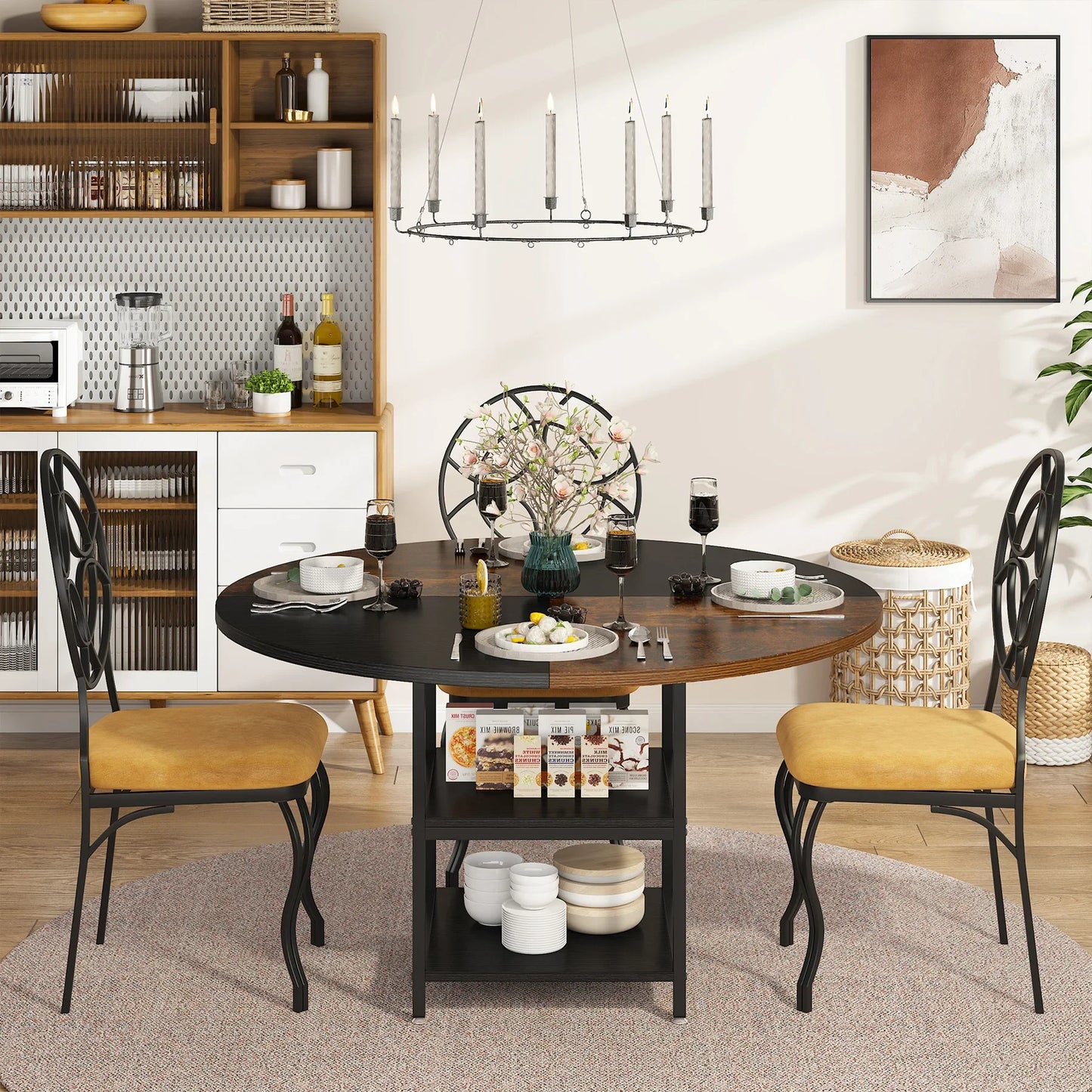 MonoWood 47 inch Round Dining Table for 4, Wood Kitchen Table Large Dinner Table with Storage Shelf for Home Dining Room