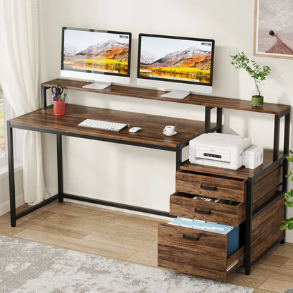 MonoWood 63 Inch Computer Desk with File Drawer Cabinet, Ergonomic Office Desk with Monitor Stand, Industrial Computer Table