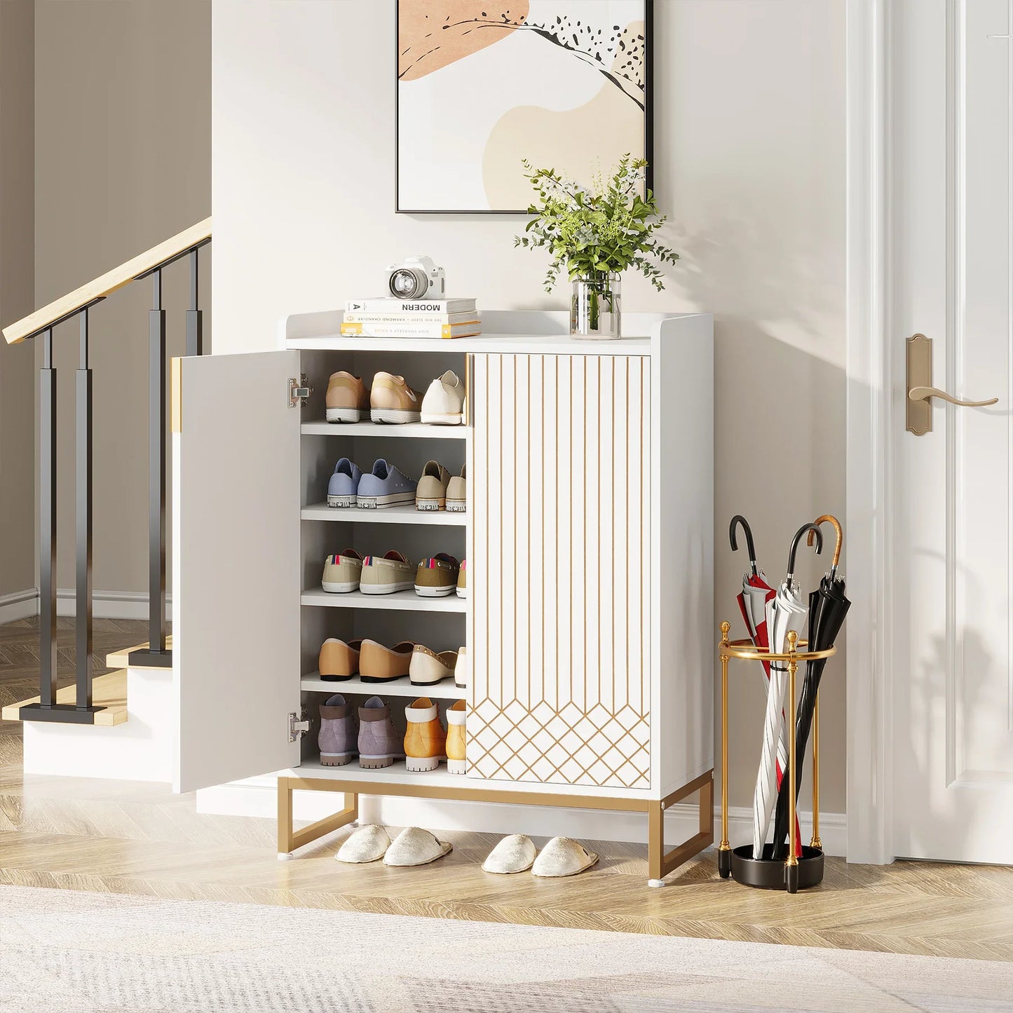 MonoWood White Shoe Cabinets with Doors, 5-Tier Shoe Rack, Wood Storage Cabinet for Bedroom Hallway Living Room