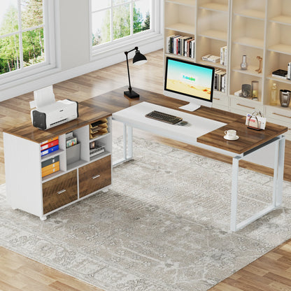 MonoWood L-Shaped Executive Desk with Reversible File Cabinet, 63" Office Desk with Storage Drawers, Computer Desk Set