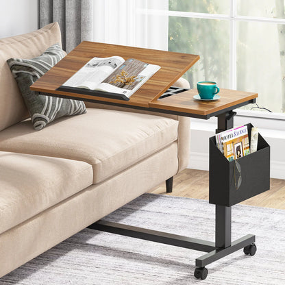MonoWood Height Adjustable C Shaped End Table with Wheels and Side Pocket, Mobile Sofa Snack Table with Tiltable Drawing Board