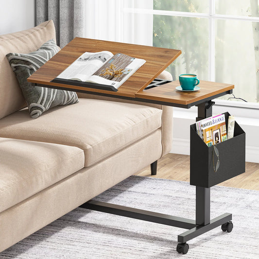 MonoWood Height Adjustable C Shaped End Table with Wheels and Side Pocket, Mobile Sofa Snack Table with Tiltable Drawing Board