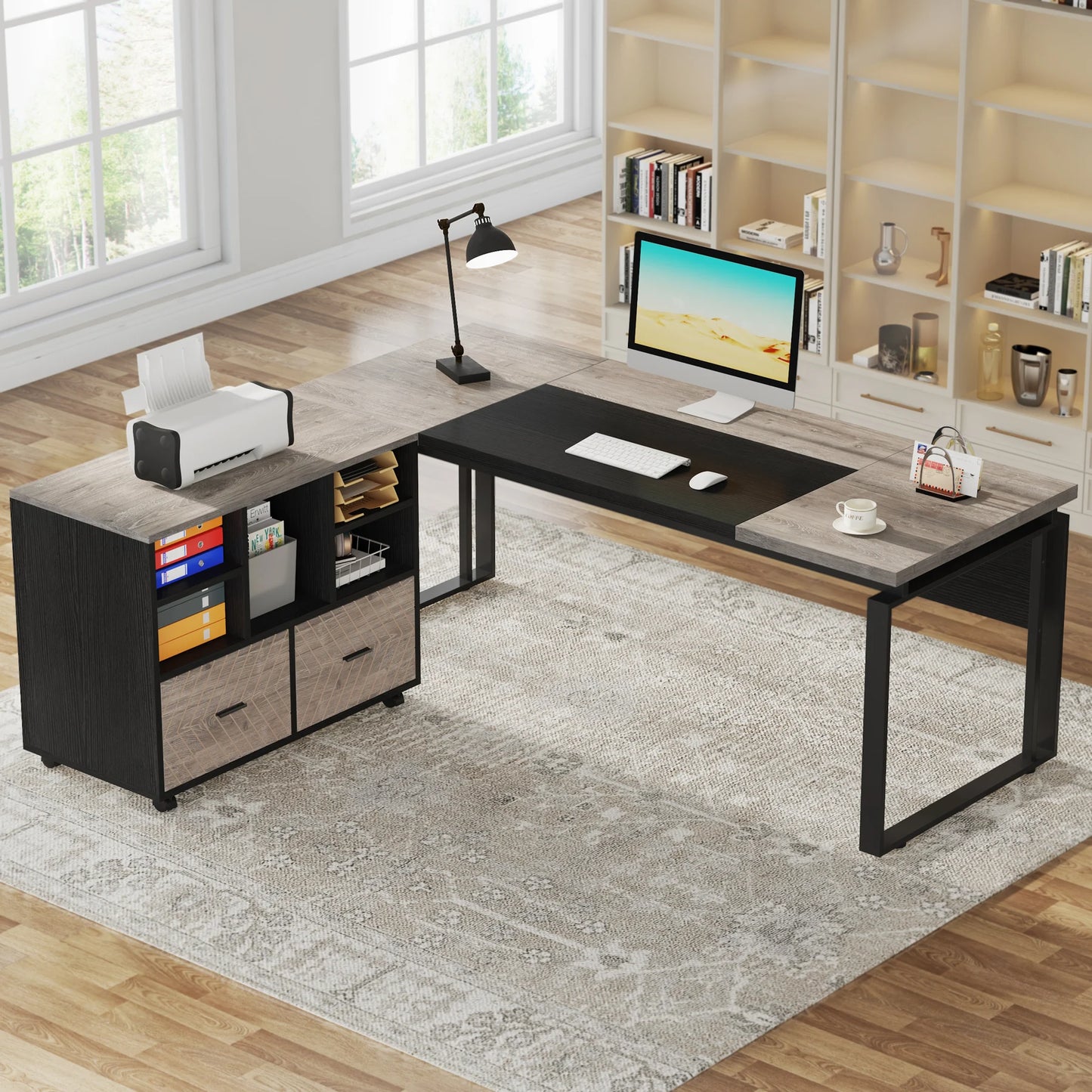 MonoWood L-Shaped Executive Desk with Reversible File Cabinet, 63" Office Desk with Storage Drawers, Computer Desk Set