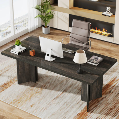 MonoWood 63-inch Executive Desk, Vintage Office Computer Desk with Large Tabletop, Farmhouse Wood Writing Conference Table