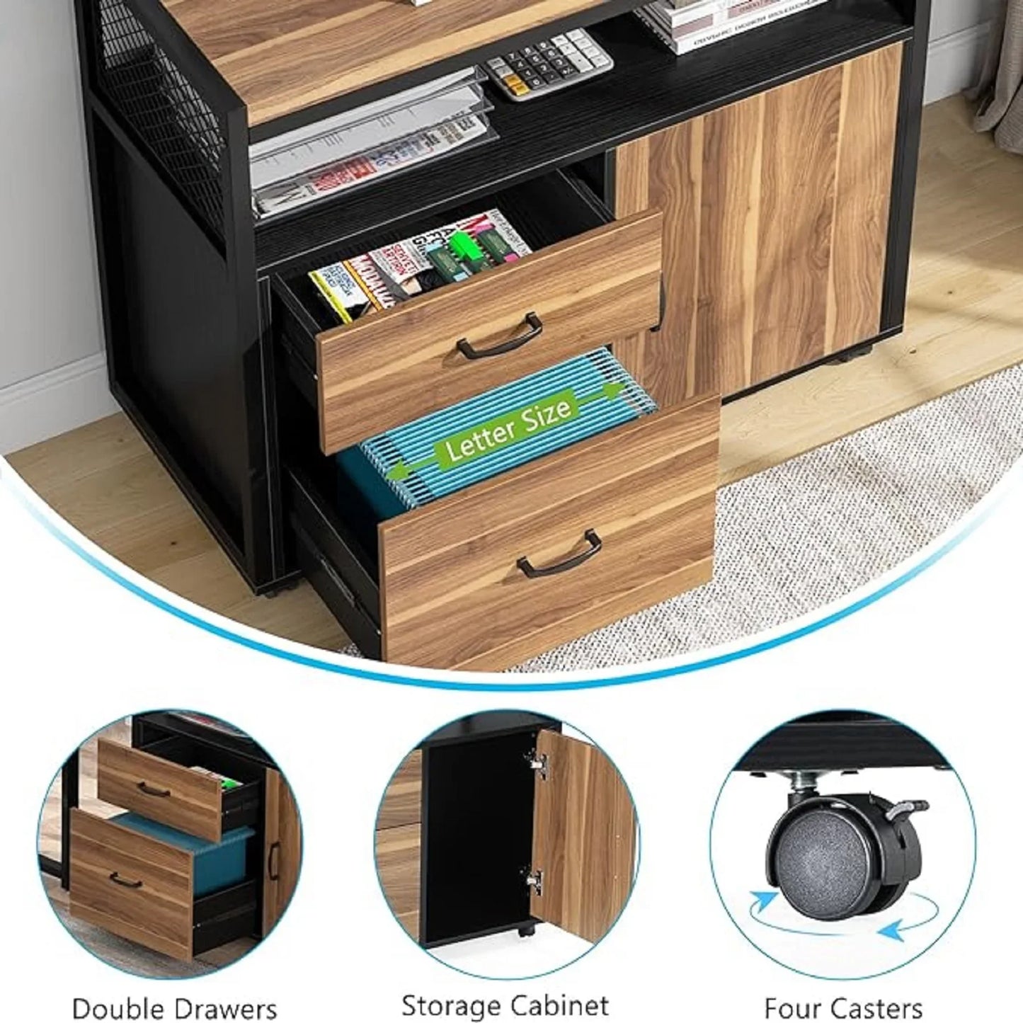 MonoWood Modern File Cabinet with Drawers for Letter-sized File and Door, Lockable lateral Filing Cabinet Printer Stand