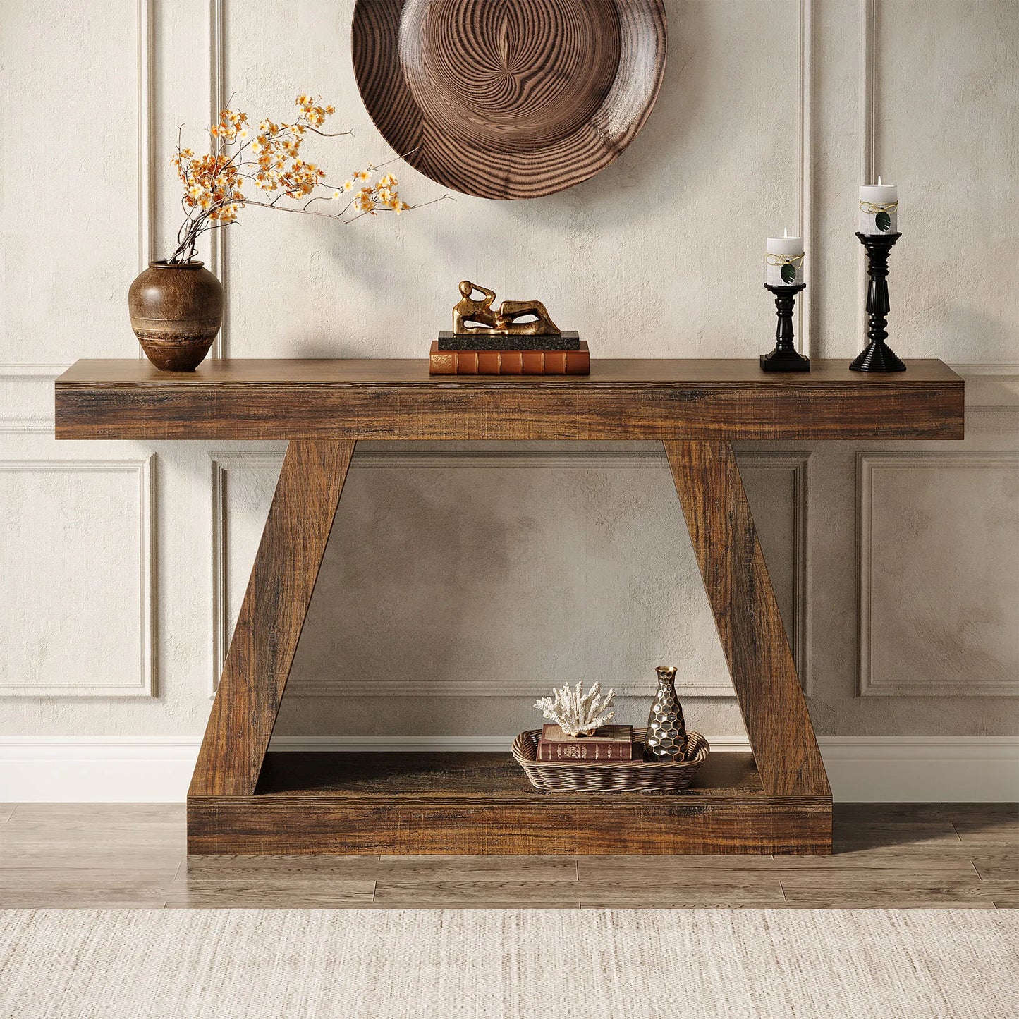 MonoWood 55-Inch Rustic Console Table with Storage Industrial Wooden Entryway Table for Hallway Living Room