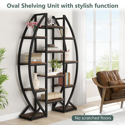 MonoWood Oval Bookshelf, Triple Wide 5 Tier Etagere Bookcase, Industrial Display Shelves for Living Room (Brown, 55")