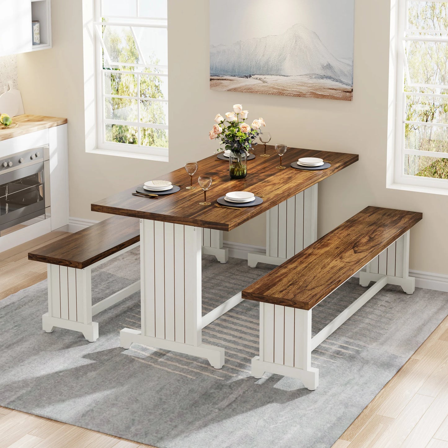 MonoWood 47" Small Dining Table Set for 2, 3-Piece Kitchen Table with 2 Benches, Farmhouse Wood Dinner Furniture