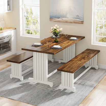 MonoWood 47" Small Dining Table Set for 2, 3-Piece Kitchen Table with 2 Benches, Farmhouse Wood Dinner Furniture