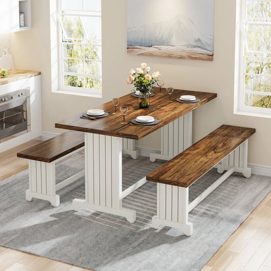 MonoWood 47" Small Dining Table Set for 2, 3-Piece Kitchen Table with 2 Benches, Farmhouse Wood Dinner Furniture