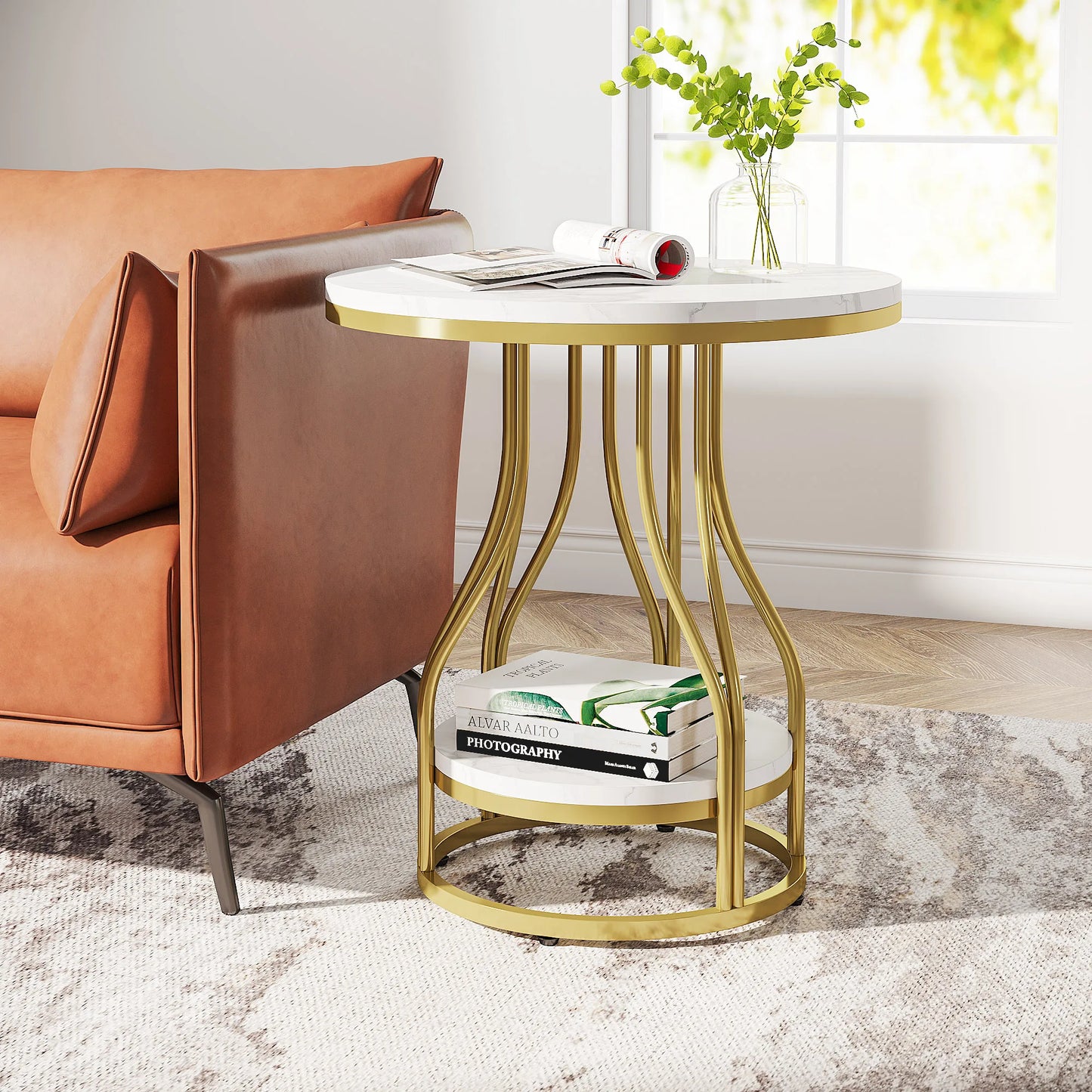 MonoWood 2-Tier End Table Round Side Table White Gold, Modern Bedside Table Small Side Table with Storage for Couch
