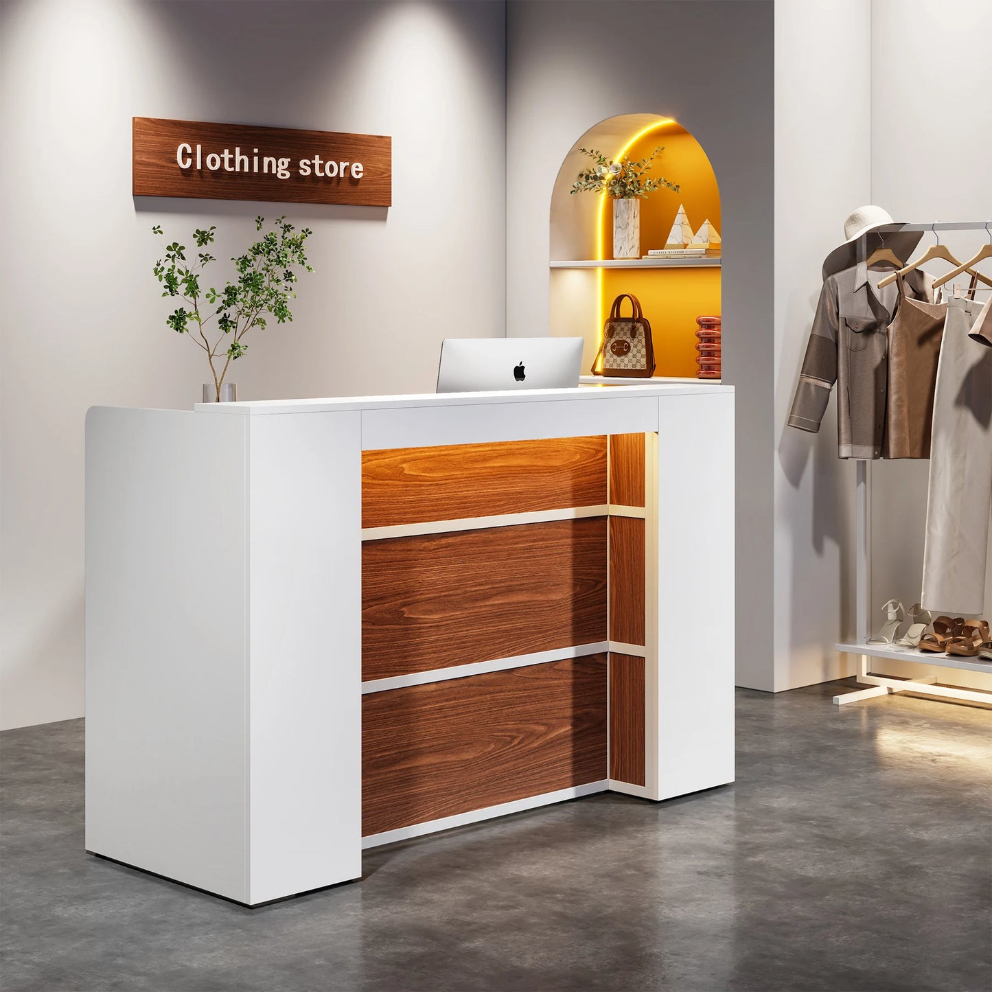 MonoWood Reception Desk with LED Lights, 63 Inches Front Counter Desk for Checkout, Lobby, Salon, Retail, Large Counter Table