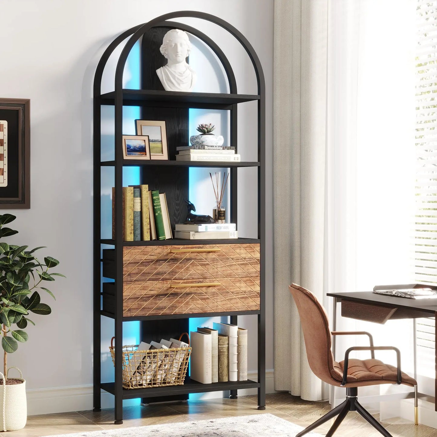 MonoWood 4-Tier Bookshelf with 2 Drawers, Industrial Open Book Shelf Arched Bookcase, 70.8" Tall Storage Shelves Display Rack