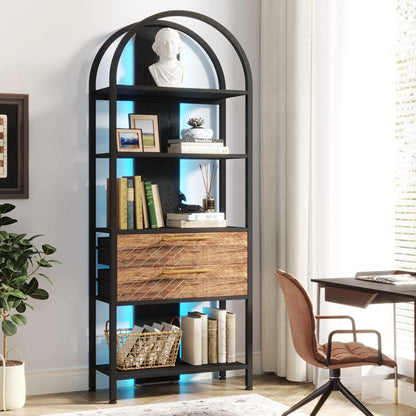 MonoWood 4-Tier Bookshelf with 2 Drawers, Industrial Open Book Shelf Arched Bookcase, 70.8" Tall Storage Shelves Display Rack