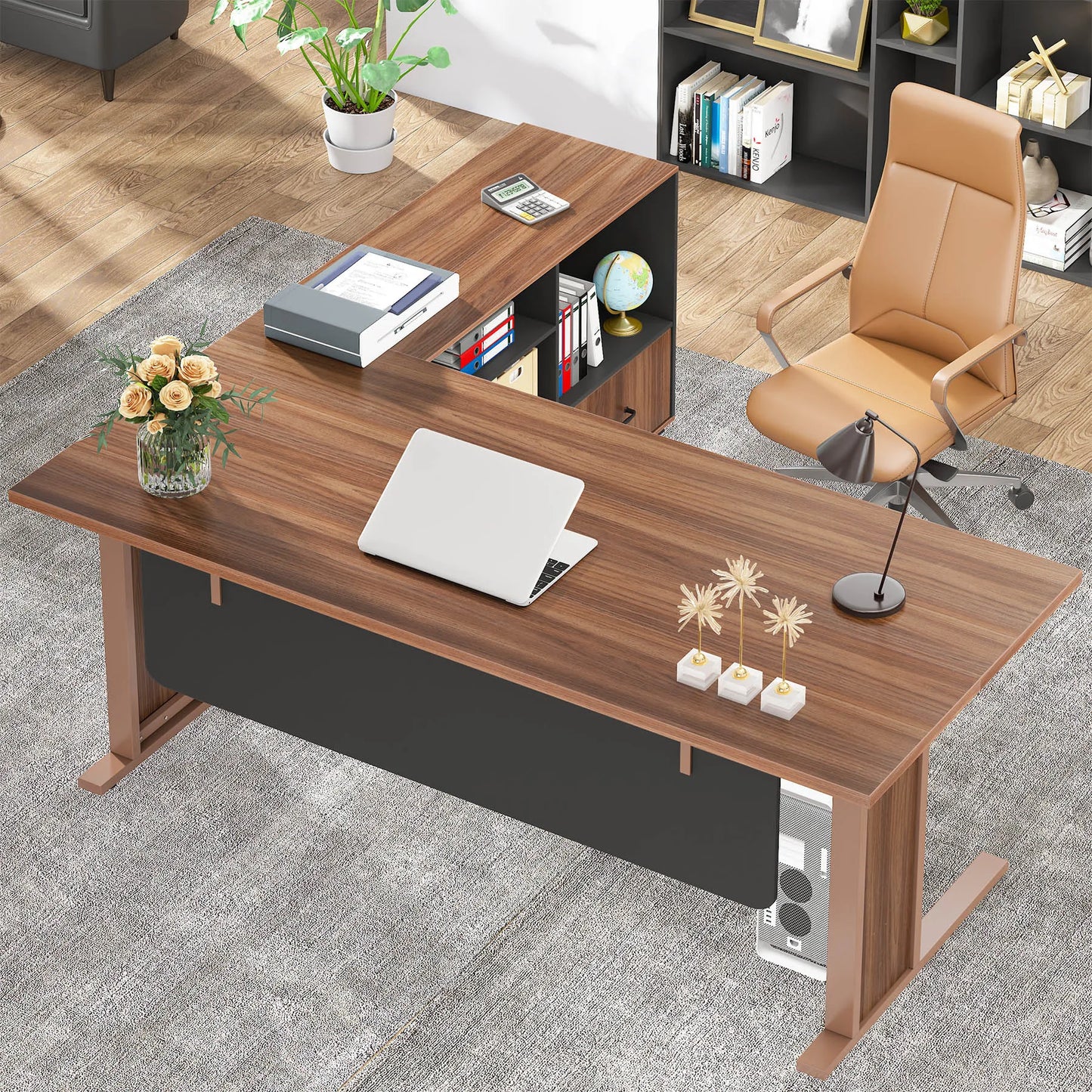 MonoWood 63" Large Executive Desk L Shaped Computer Desk with File Storage Cabinet, L-Shaped Executive Office Desk