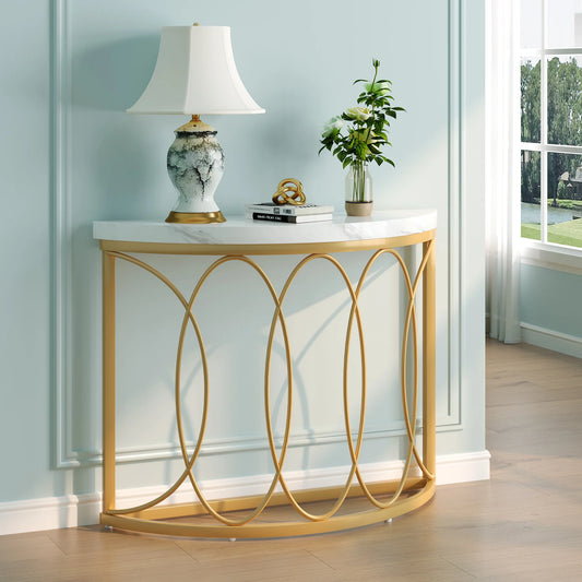 MonoWood Half Moon Gold Console Table, 43" Modern Entryway Table, Narrow Semi Circle Sofa Table with Geometric Metal Frame