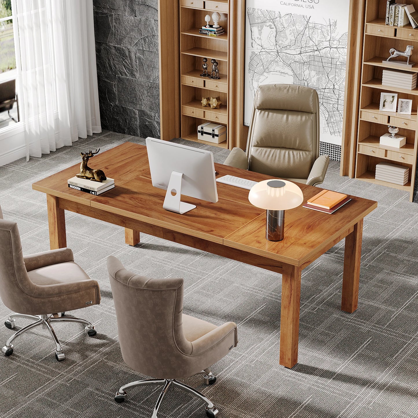 MonoWood 70 Inch Large Desk, Wood Farmhouse Office Computer Desk Writing Study Desk for 1-2 Person, Executive Desk