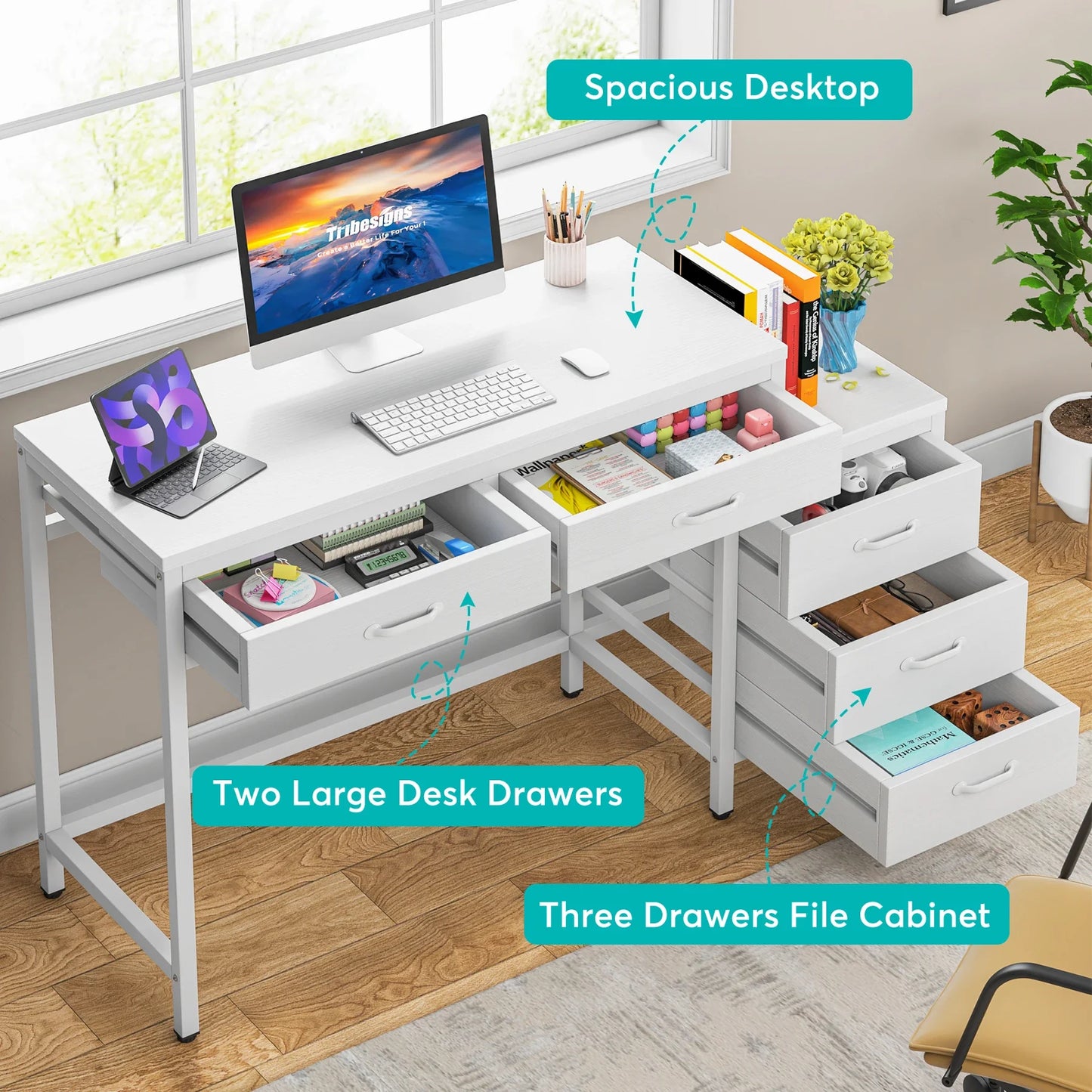 MonoWood Computer Desk with 5 Drawers, Home Office Desks with Reversible Drawer Cabinet Printer Stand, Industrial PC Desk