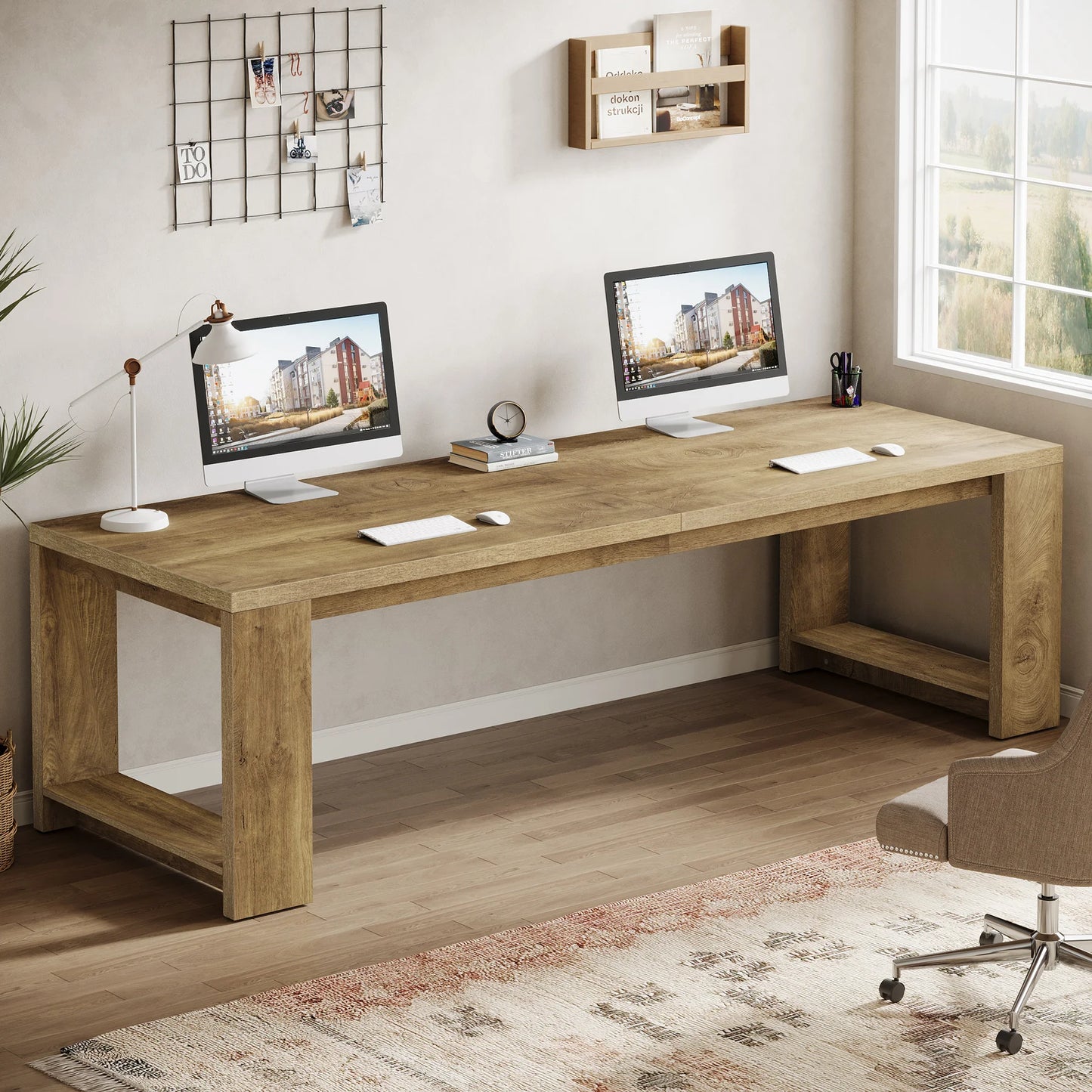 MonoWood Two Person Desk, 86.6 Inches Extra Long Desk, Double Computer Writing Table, Wood Large Desks Workstation