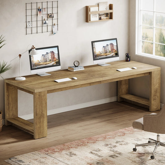 MonoWood Two Person Desk, 86.6 Inches Extra Long Desk, Double Computer Writing Table, Wood Large Desks Workstation