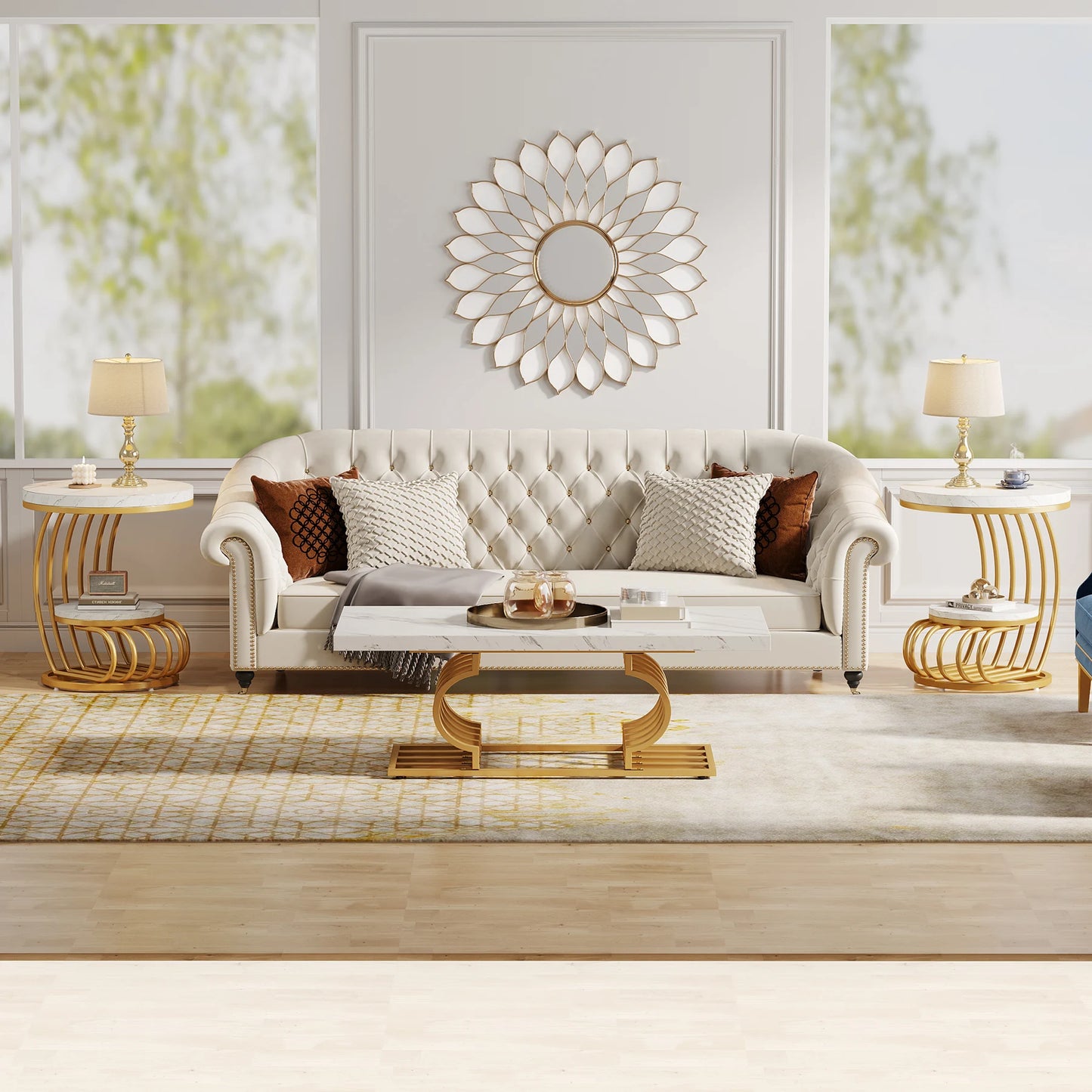 MonoWood Gold Round End Table: 2 Tiers Faux Marble Side Table with Storage Shelf, Modern White Gold Bedside Nightstand