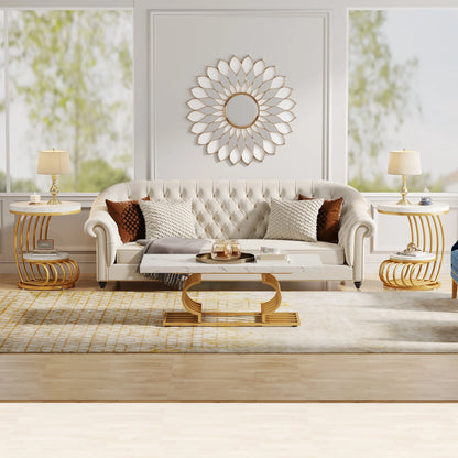 MonoWood Gold Round End Table: 2 Tiers Faux Marble Side Table with Storage Shelf, Modern White Gold Bedside Nightstand