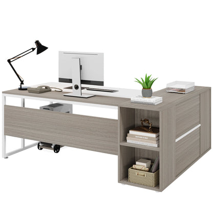 MonoWood 71 inch Executive Desk, L Shaped Desk with Cabinet Storage, Executive Office Desk with Shelves, Business Furniture