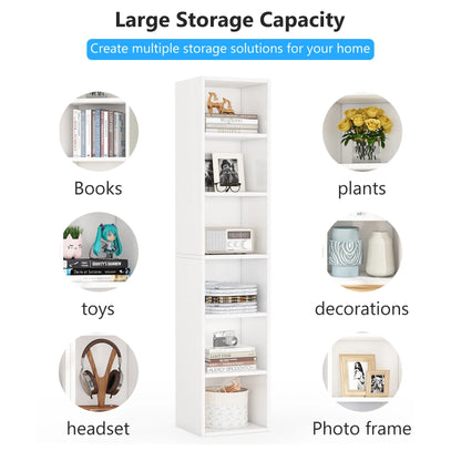 MonoWood 70.9 Inch Tall Narrow Bookcase, Modern White Corner Bookcase with Storage, 6 Tier Cube Display Shelves