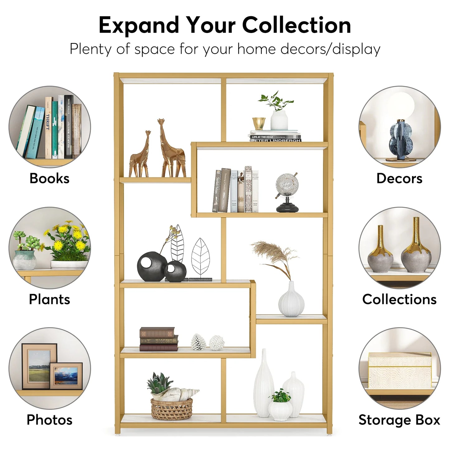 MonoWood Bookshelf Bookcase, Gold 8-Open Shelf Etagere Bookcase with Faux Marble, Modern Book Shelves Display Shelf