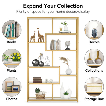 MonoWood Bookshelf Bookcase, Gold 8-Open Shelf Etagere Bookcase with Faux Marble, Modern Book Shelves Display Shelf