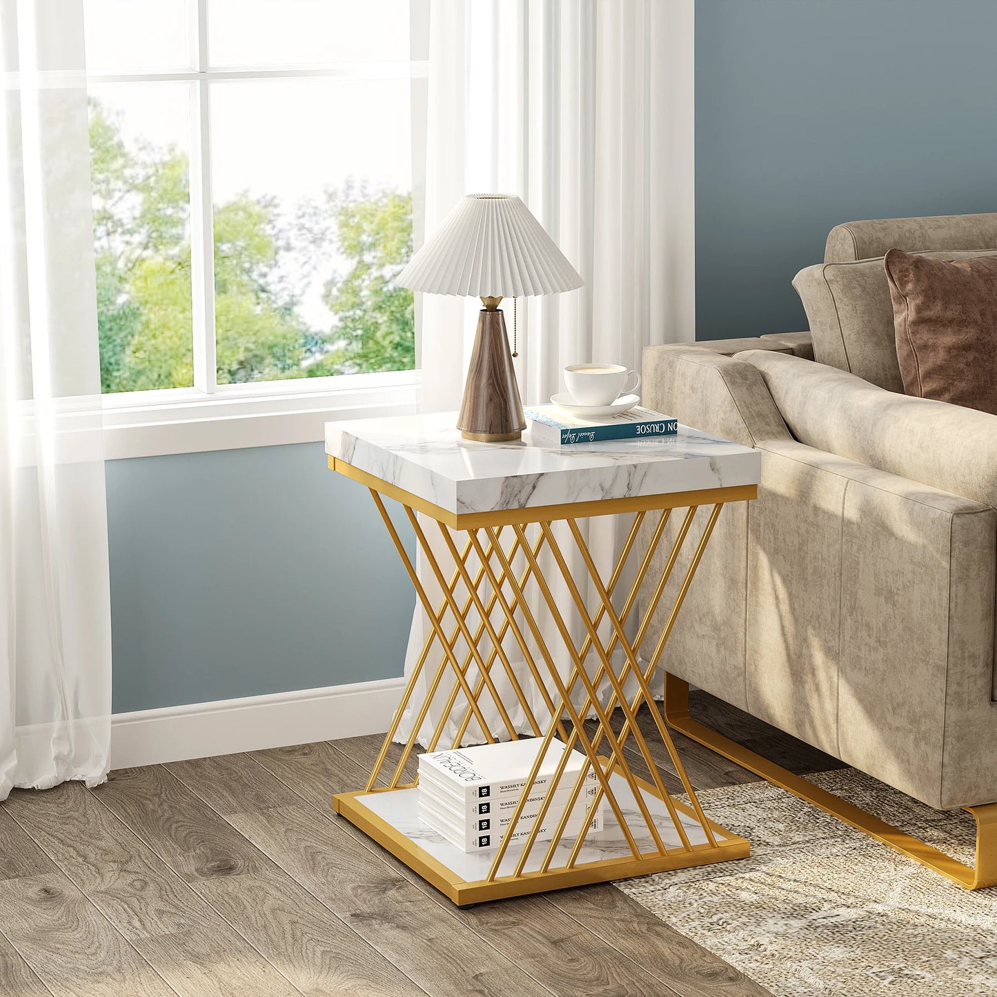 MonoWood Square Side Table White Gold Side Table, 2-Tier End Table Modern Bedside Table Small Side Table