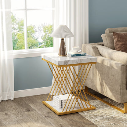 MonoWood Square Side Table White Gold Side Table, 2-Tier End Table Modern Bedside Table Small Side Table