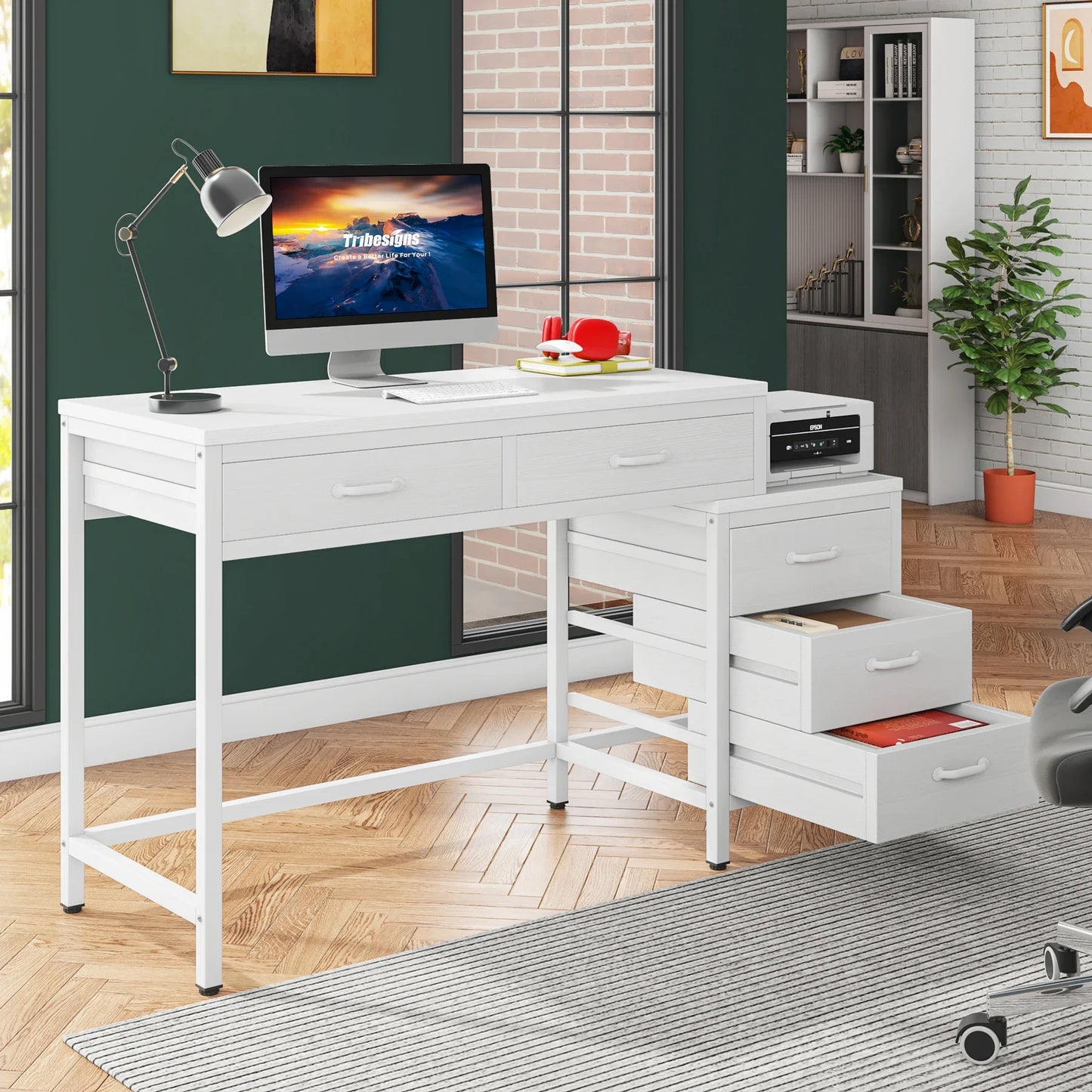 MonoWood Computer Desk with 5 Drawers, Home Office Desks with Reversible Drawer Cabinet Printer Stand, Industrial PC Desk