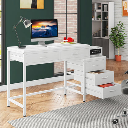 MonoWood Computer Desk with 5 Drawers, Home Office Desks with Reversible Drawer Cabinet Printer Stand, Industrial PC Desk