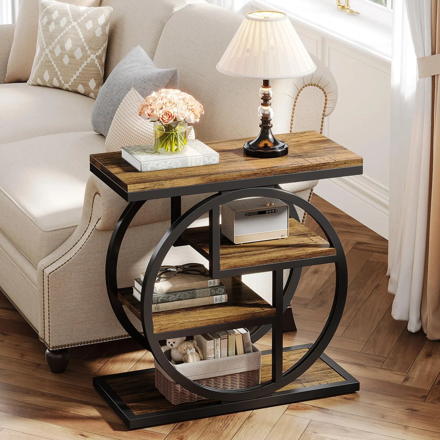 MonoWood End Table for Living Room, 4-Tier Narrow Side Table with Storage Shelves, Industrial Bedside Table for Bedroom, Wood