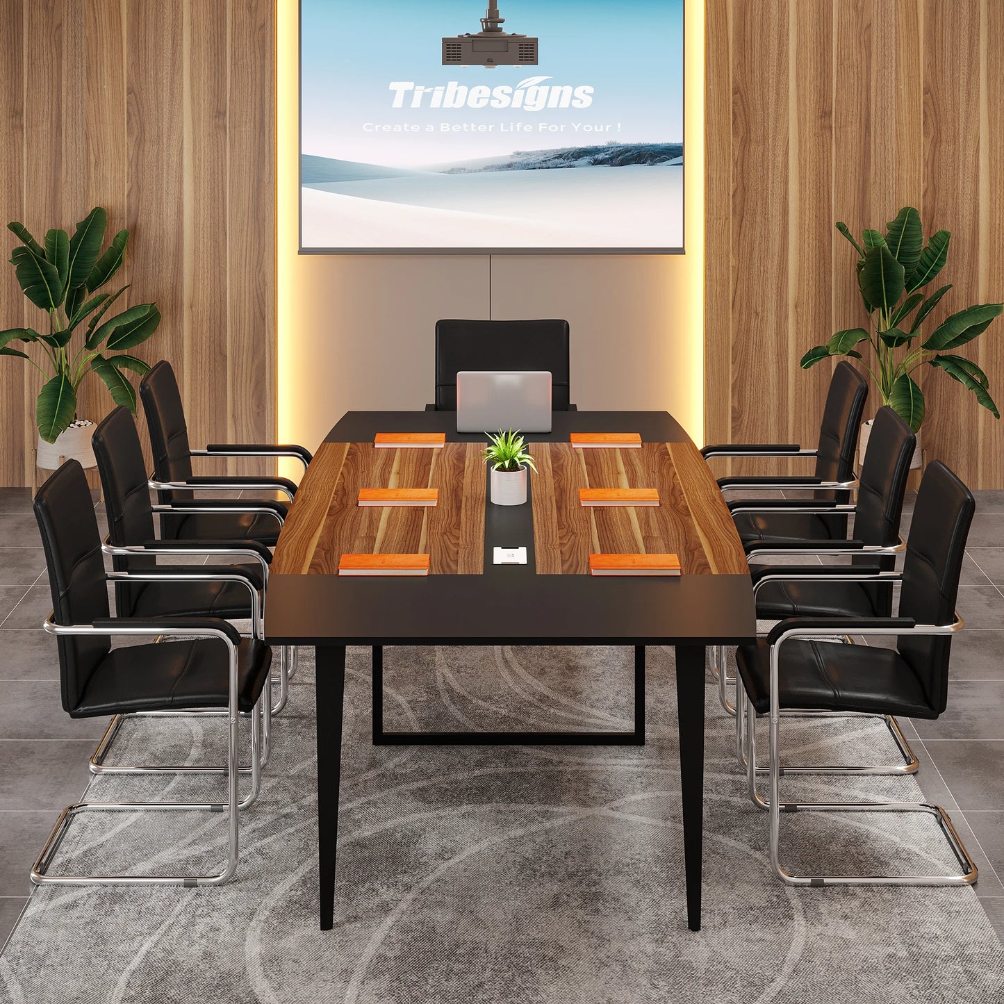 MonoWood 8FT Conference Table, 94.48L x 47.24W x 29.52H Inches Boat Shaped Meeting Table with Rectangle Grommet
