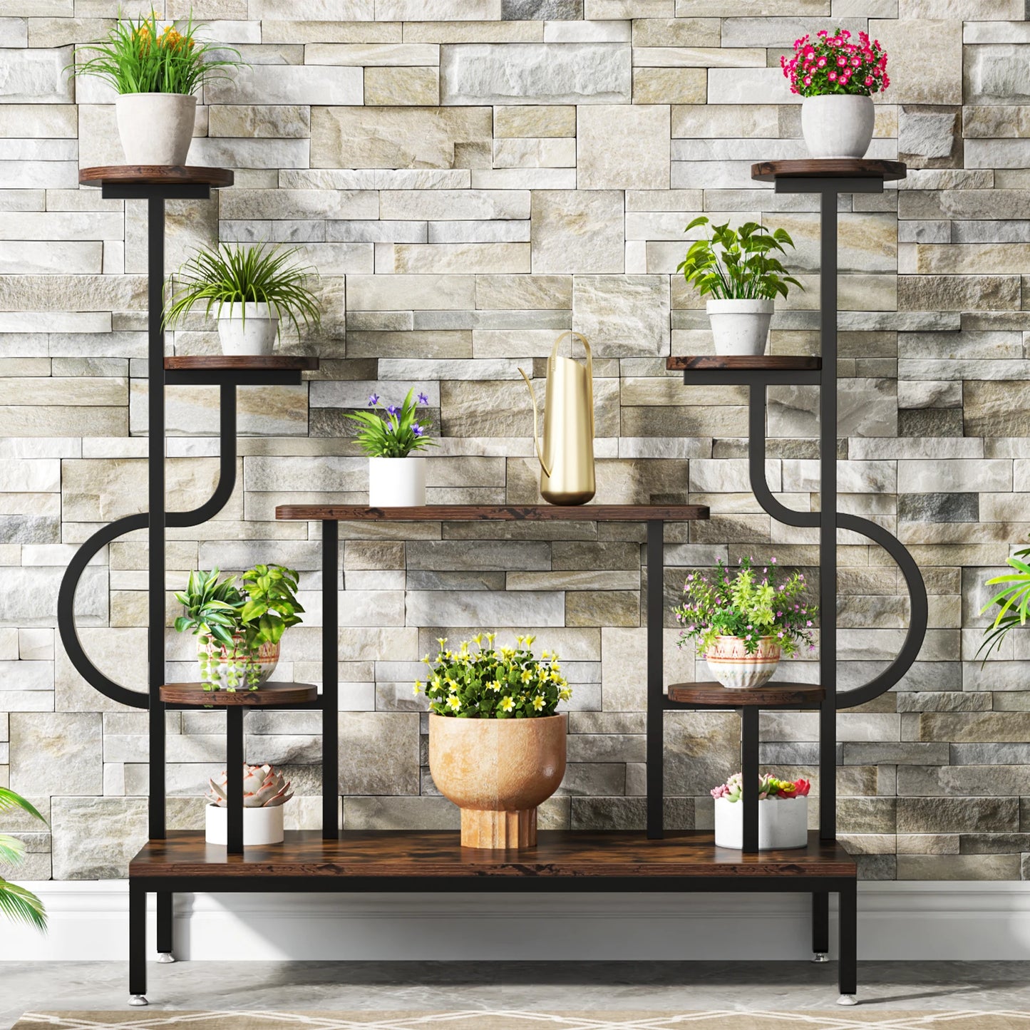 MonoWood 8-Tier Metal Plant Stand, Large Tall Plant Shelf for Multiple Plants, Round & Square Boards, Ladder Flower Rack