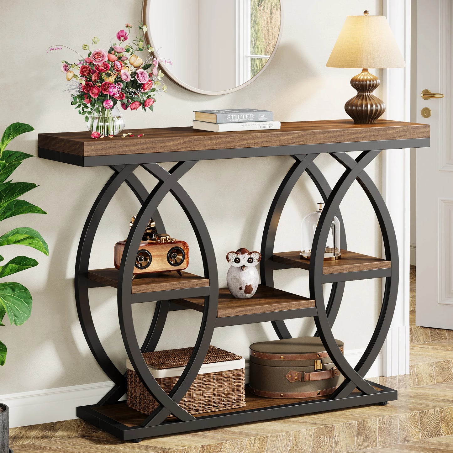 MonoWood Console Table, 39.4-Inch Entryway Table with Thickened Tabletop, 4- Tier Industrial Narrow Hallway Sofa Table
